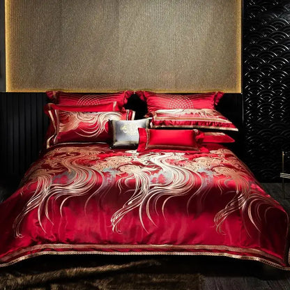 Luxurious red satin duvet cover set with intricate gold and silver swirl patterns and embroidered border for bedroom decor