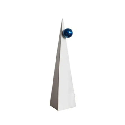 Abstract white ceramic geometric triangle decor topped with a glossy blue sphere for modern living room decorbites geometric triangle