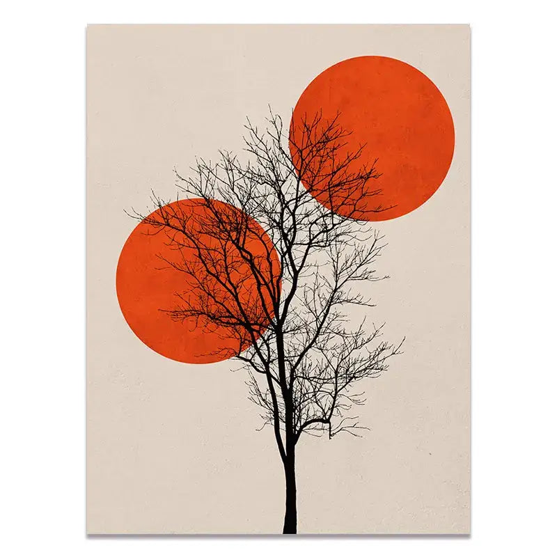 Decorbites™ abstract winter morning landscape canvas print in nordic style featuring black tree silhouette and orange circles