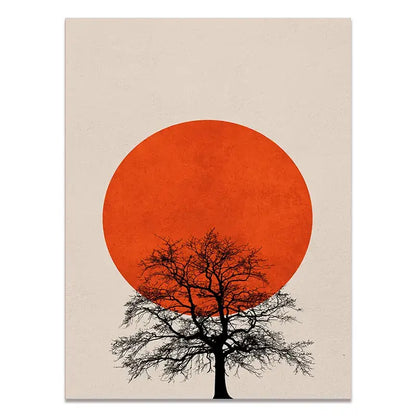 DecorBites™ abstract winter morning landscape canvas print with black tree silhouette and orange sun in nordic style