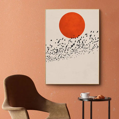 A nordic style canvas print of a minimalist winter morning landscape with a bold orange circle and black birds on cream