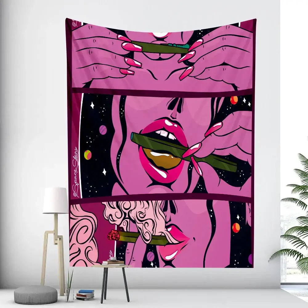 Abstract woman tarot card tapestry pink and black decor featuring stylized hands holding a green cannabis joint on cosmic background