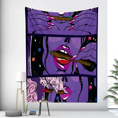 Purple and pink abstract woman tarot tapestry featuring stylized figure holding cigars on cosmic background decorbites wall decor