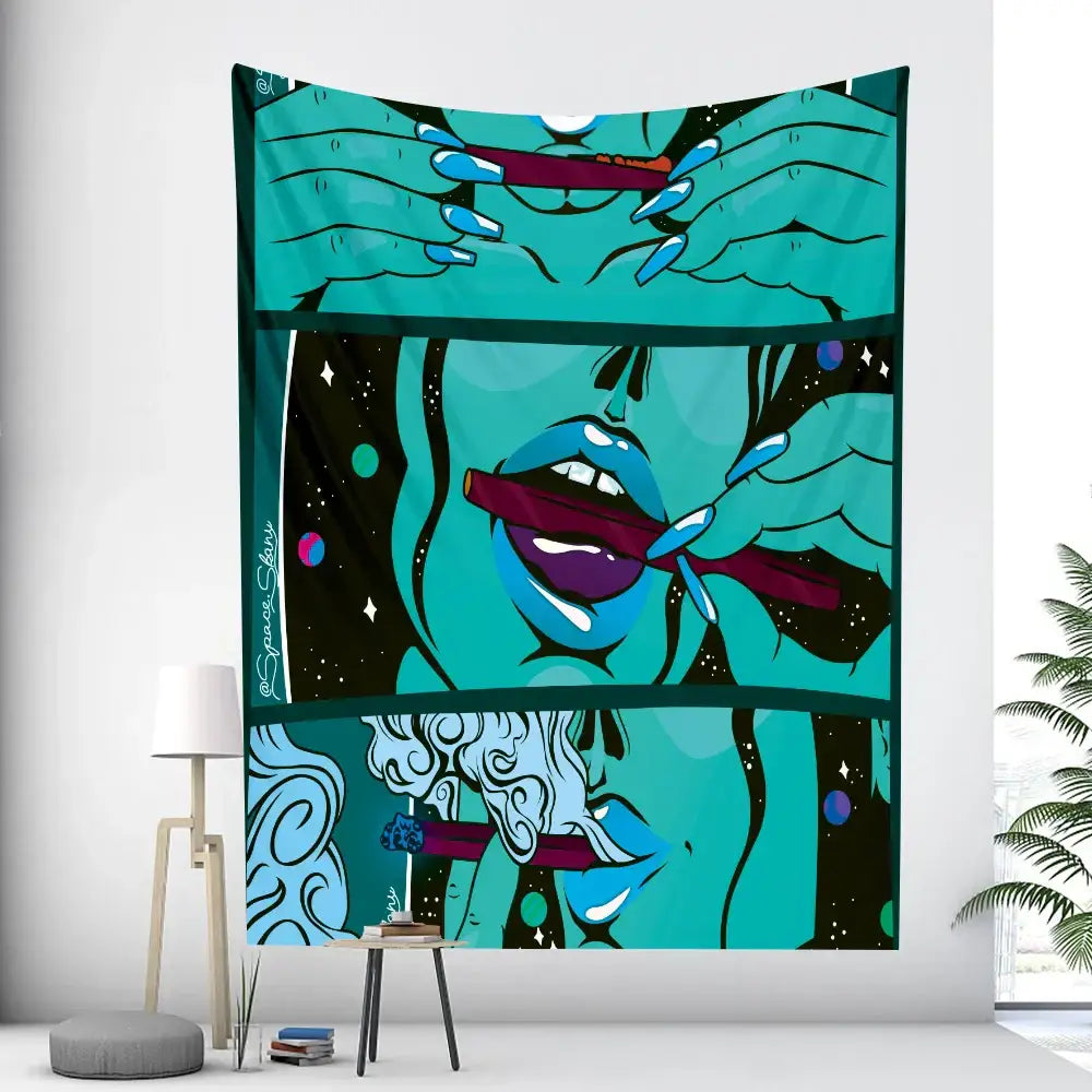 Teal and purple abstract woman tarot wall tapestry featuring a stylized figure with long fingernails for bedroom decorbites decor