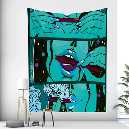 Teal and purple abstract woman tarot wall tapestry featuring a stylized figure with long fingernails for bedroom decorbites decor