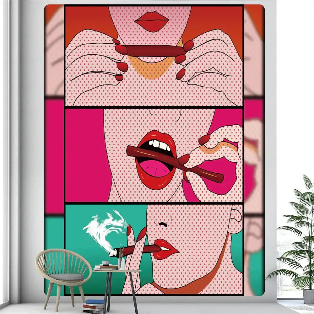 Vibrant decorbites abstract woman tarot tapestry with bold red lips and stylized hands in pink and teal tones