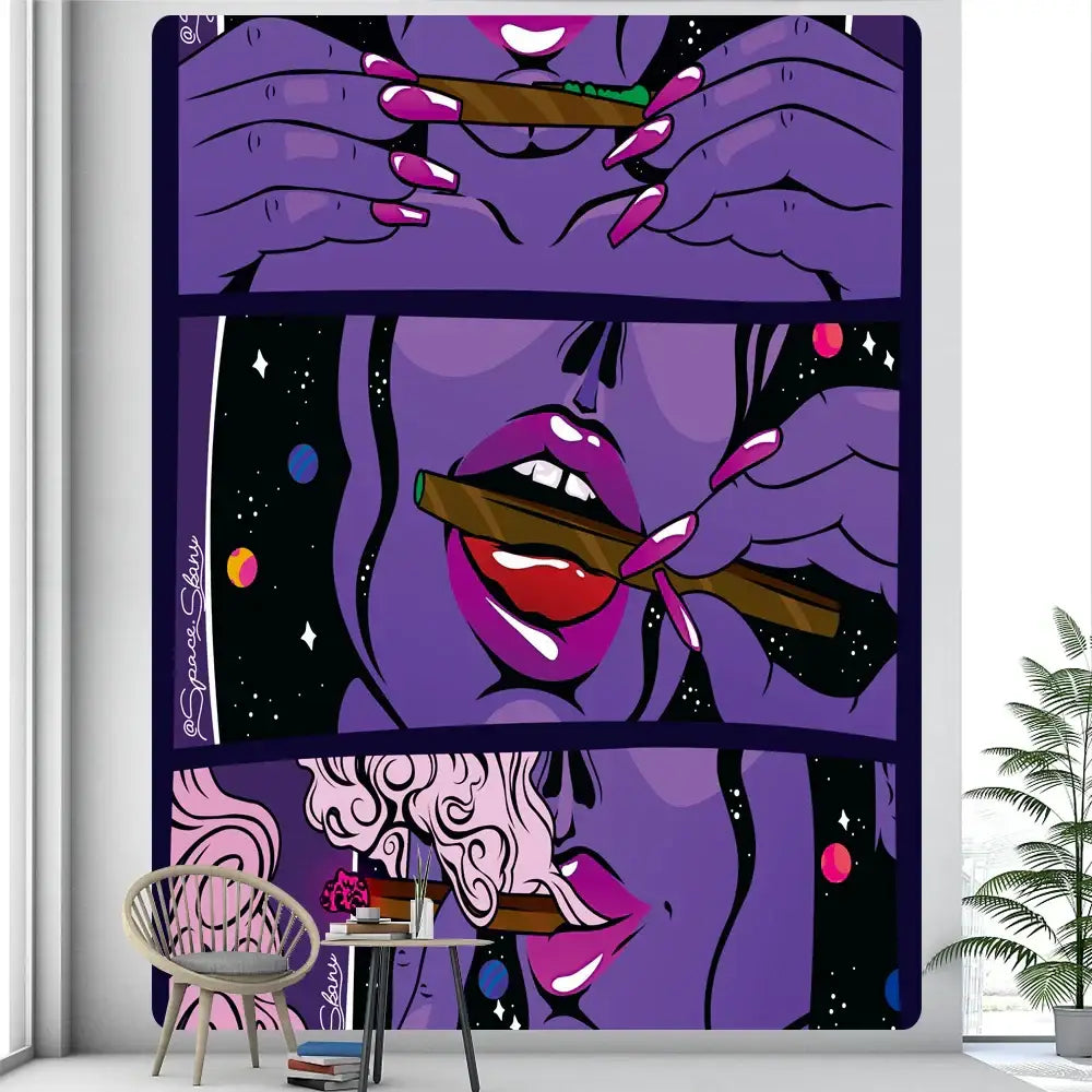 Purple and pink decorbites abstract woman tarot wall tapestry with stylized hands lips and cosmic cannabis joint design