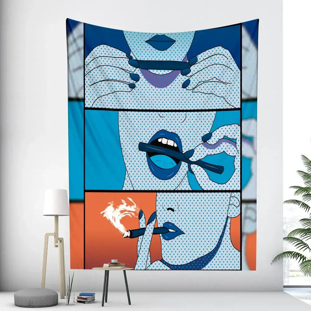 Blue and white decorbites abstract woman tarot tapestry featuring a stylized woman with bold lips in three panels