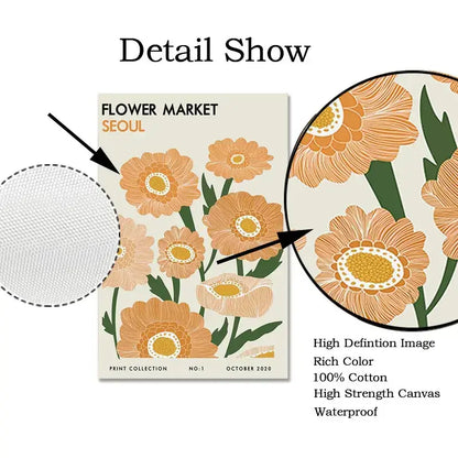 A beige canvas tote bag with vibrant orange green floral market print and flower market seoul text, inspired by kusama wall art