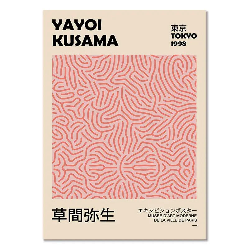 A minimalist abstract yayoi kusama wall art poster with beige background and pink wavy lines for living room decor