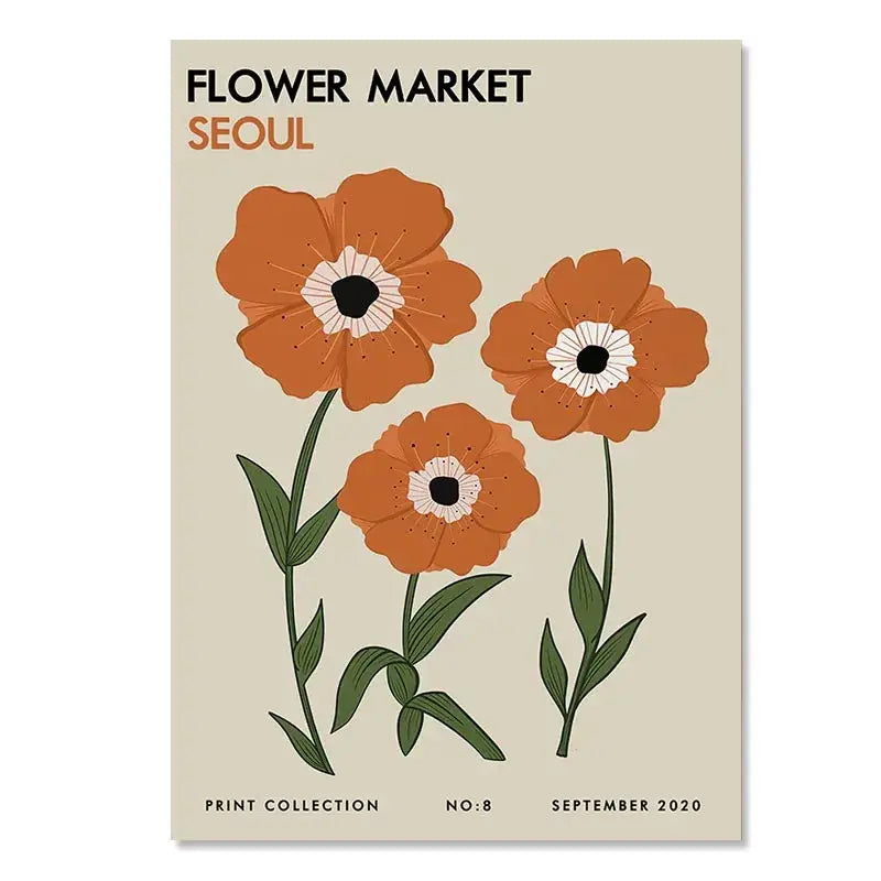 A beige abstract yayoi kusama wall art poster with three stylized orange flowers for living room decor
