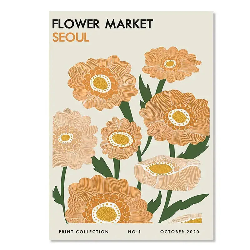 A stylish abstract yayoi kusama wall art featuring orange and yellow flowers on cream background for living room decor