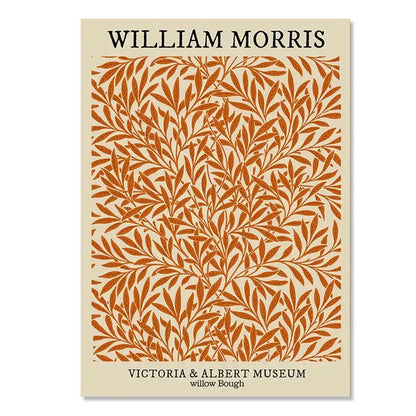A rectangular framed art print featuring a warm orange willow leaf pattern with william morris branding for kusama wall art