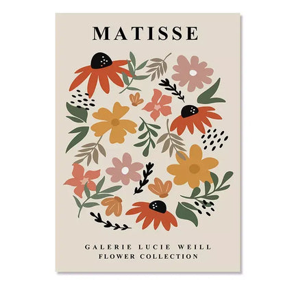 Beige rectangular abstract yayoi kusama wall art featuring stylized orange yellow pink blossoms with green leaves