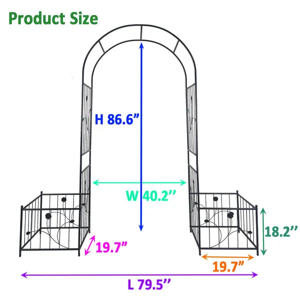 Metall-Gartenbogen mit zwei Pflanzenständern 79,5'' breit x 86,6'' hoch Kletterpflanzenstütze Rosenbogen für draußen schwarz