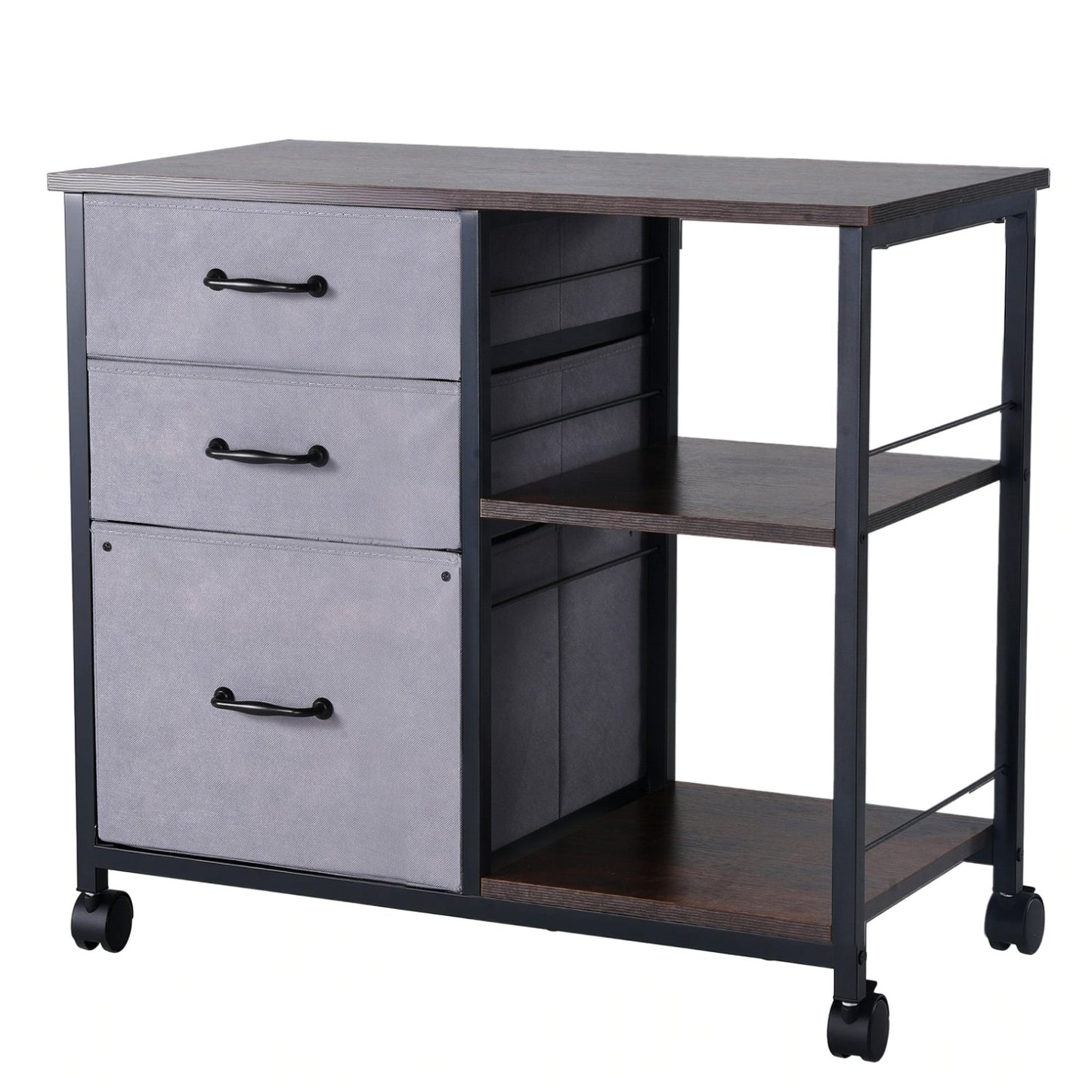 Mobiler Metall-Aktenschrank mit 3 Stoffschubladen und 2 offenen Regalen Braun