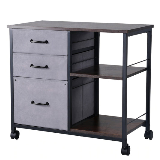 Mobiler Metall-Aktenschrank mit 3 Stoffschubladen und 2 offenen Regalen Braun
