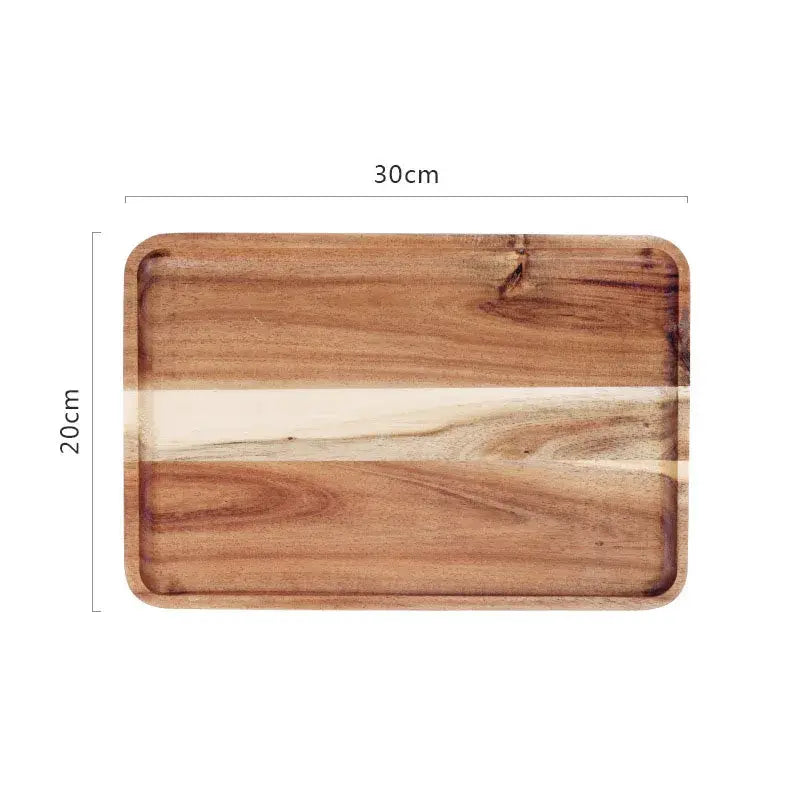 Rectangular acacia wood breakfast tray with natural grain finish and light horizontal stripe for dining room serving