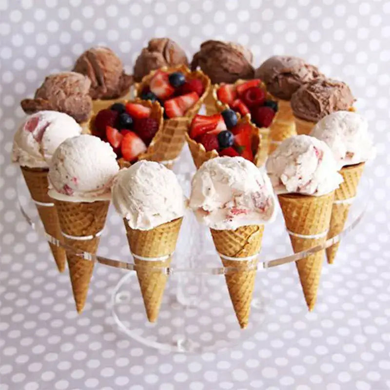 Acrylic ice cream cone holder display rack featuring a circular arrangement of waffle cones with chocolate and berry toppings
