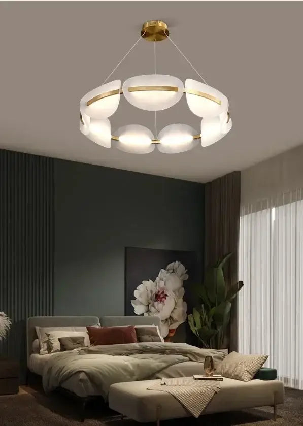 Modern dimmable acrylic ring chandelier with frosted glass shades and gold-toned metal accents for dining room use
