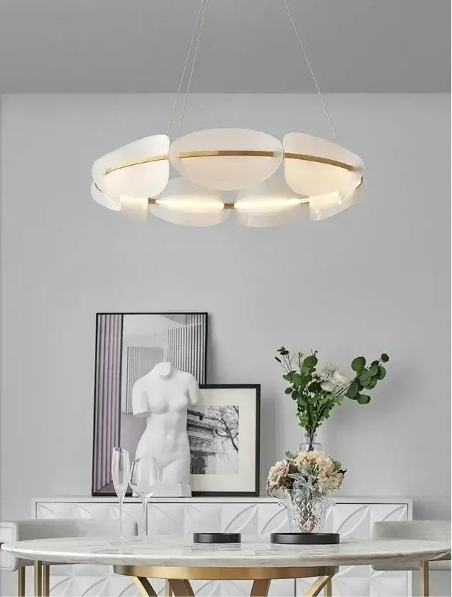 DecorBites™ acrylic ring chandelier with frosted glass petals and gold-toned accents for dining room lighting