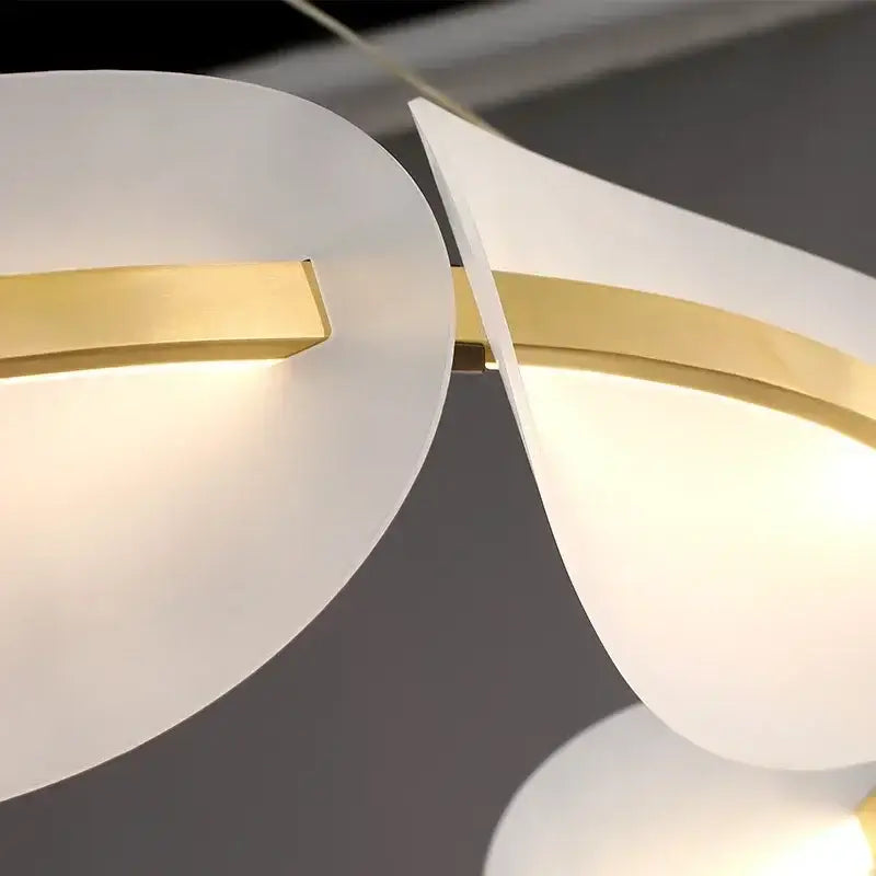 Modern decorbites™ acrylic ring chandelier with white frosted glass shades and polished gold metal accents for dining room