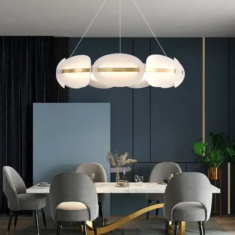 Modern white acrylic ring chandelier with gold accents dimmable pendant light for dining room by DecorBites