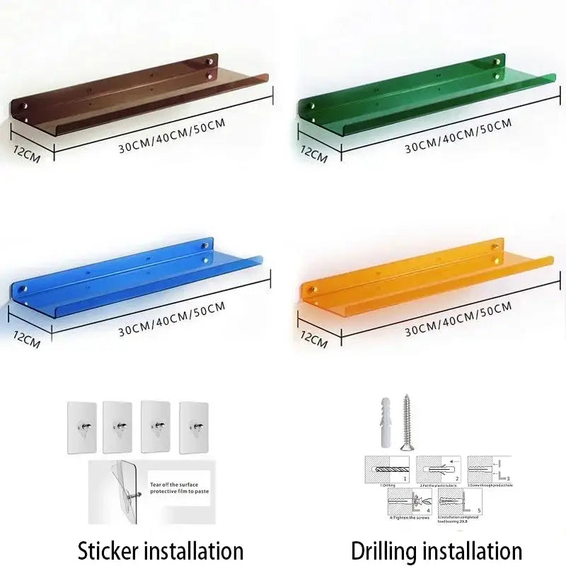 Colorful sleek acrylic wall shelf organizer in brown green blue and orange for stylish home decor by DecorBites