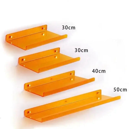 Set of four translucent orange acrylic wall shelves in 30cm 40cm and 50cm lengths decorative home decor wall shelf organizer