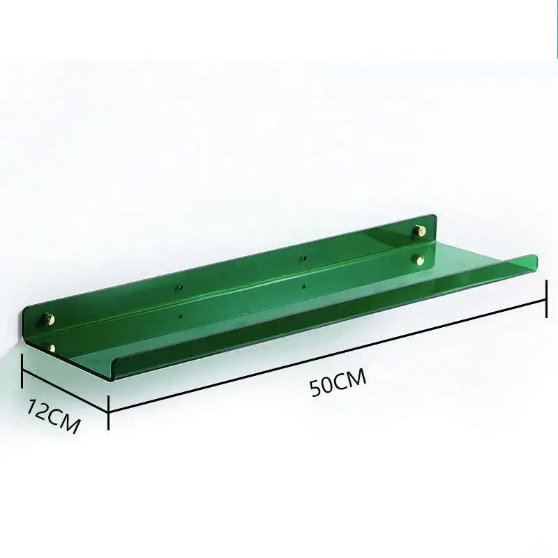 A sleek translucent green acrylic wall shelf organizer with gold-toned hardware for modern home decor