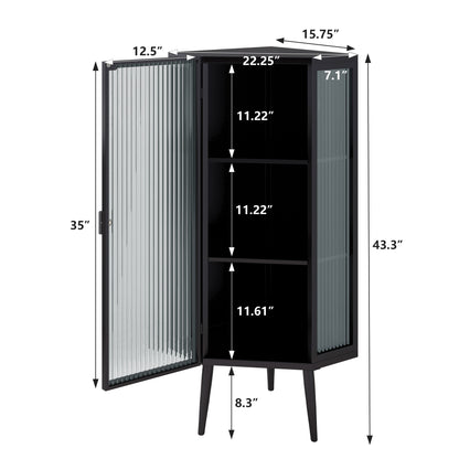22,25'' Eckschrank für den Boden, Drei Etagen mit gehärteten Glastüren und Stauraumregalen für Badezimmer, Wohnzimmer und Schlafzimmer, schwarz