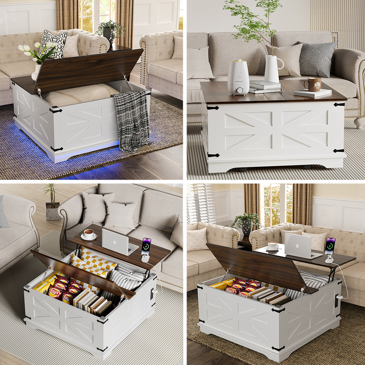 Landhaus-Couchtisch mit Klapptop, USB-Ladestation & verstecktem Stauraum - Robuste Holzbasis, Weiß-Braun-Optionen, Ideal für die Organisation im Wohnzimmer, Couchtisch für das Wohnzimmer, Vielseitig