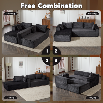 Kompressions-Sektionale Couch mit bequemer Chaise, knochenlose L-förmige Sofa mit tiefer Sitzfläche, minimalistisches modulares Couch-Sofabett für Wohnzimmer, Schlafzimmer, Apartment und Lounge, Corduroy, Schwarz