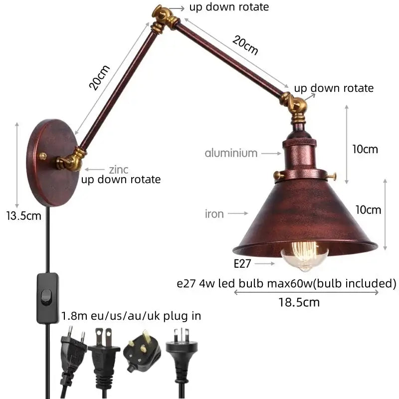 Adjustable brass gold long arm wall sconce with dark bronze finish zinc and aluminum articulated arms for bedroom reading light
