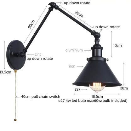 Black industrial wall sconce with adjustable zinc and aluminum arms and conical iron shade for decorbites gold long arm use