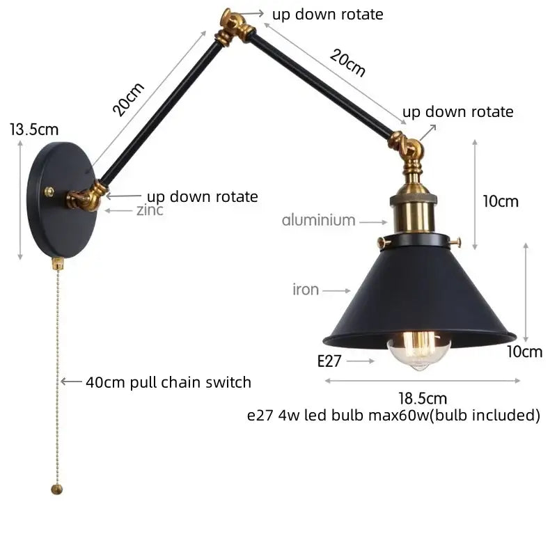 Black industrial wall sconce with brass accents and adjustable arms decorbites gold long arm bedroom reading light