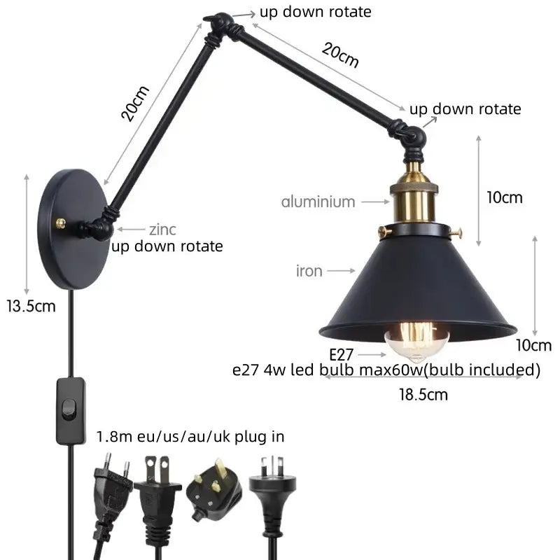Adjustable black industrial wall sconce with brass-finished decorbites gold long arm for bedroom reading light