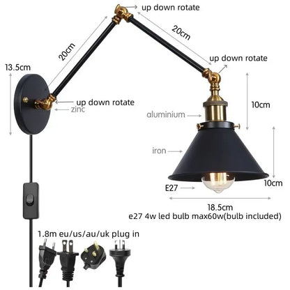 Black industrial wall sconce with brass accents and adjustable gold long arm for decorbites gold long bedroom reading light