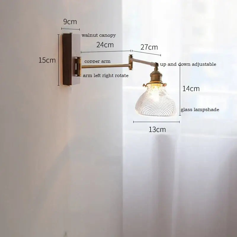 Adjustable copper arm wall sconce with walnut canopy and textured glass lampshade for bedroom decorbites copper arm
