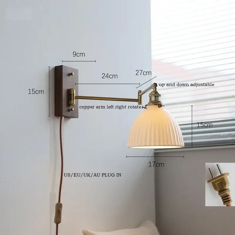 Adjustable brass wall sconce with ribbed off-white glass shade and copper arm for bedroom decorbites wall sconce lighting