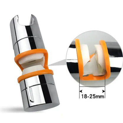 Adjustable chrome and gray shower head holder with chrome-finished adapter, bright orange rings, and white rubber seals