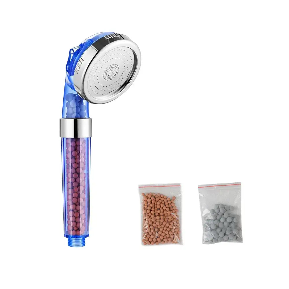 Blue transparent decorbites adjustable jetting shower head with silver accents and visible high pressure filtered beads inside