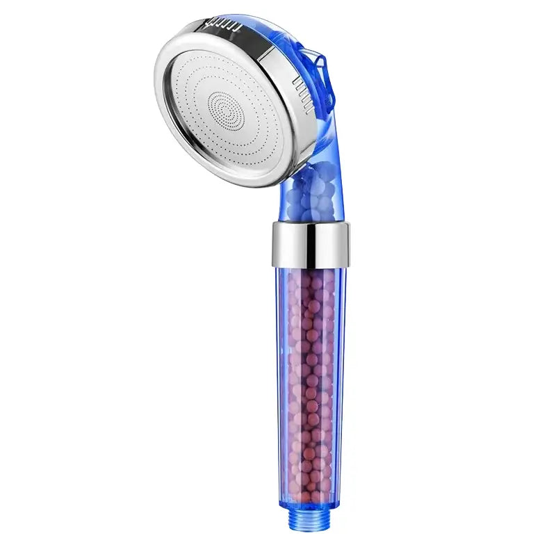 Blue transparent decorbites adjustable jetting shower head with silver nozzle and pink filtered beads for high pressure use