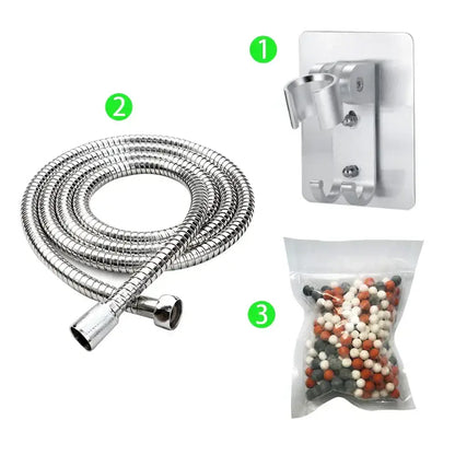 Silver flexible metal shower hose with threaded connectors for decorbites adjustable jetting shower head high pressure filtered beads