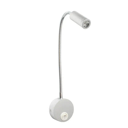 White gooseneck led bedside wall sconce with flexible metallic arm and circular base for decorbites led bedside use