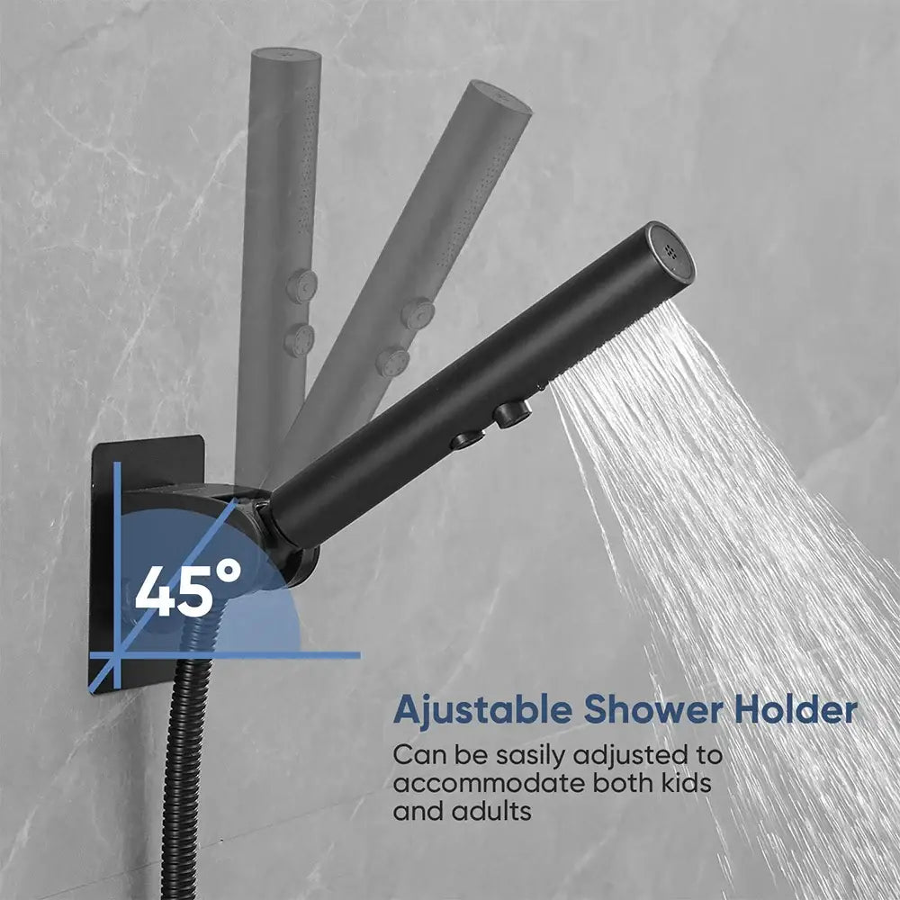 Adjustable matte black stainless steel shower head holder with 45-degree angle for easy height adjustment by decorbites black stainless
