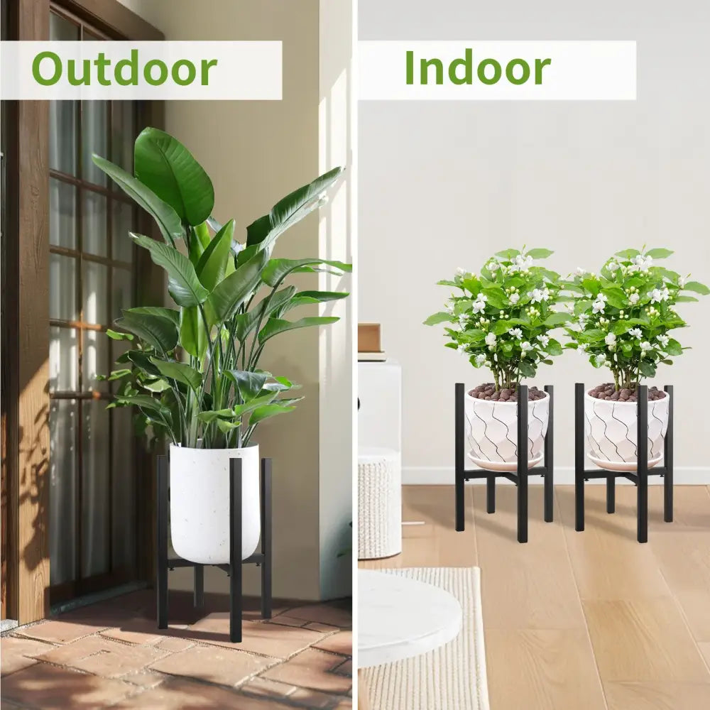White ceramic planter with black adjustable metal plant stand by decorbites for pots ranging 12 to 16 inches