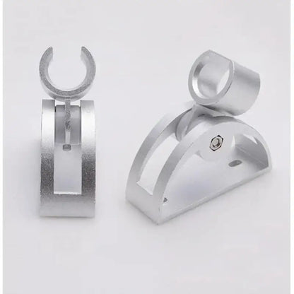 Adjustable silver aluminum shower head holder with curved hook and wall-mounted bracket for secure shower head support