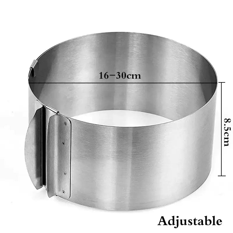 Adjustable stainless steel cake layered slicer by decorbites measuring 16–30cm with clasp for secure baking use