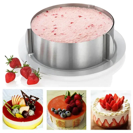 Adjustable stainless steel mousse ring round cake slicer with two handles for baking and serving layered cakes